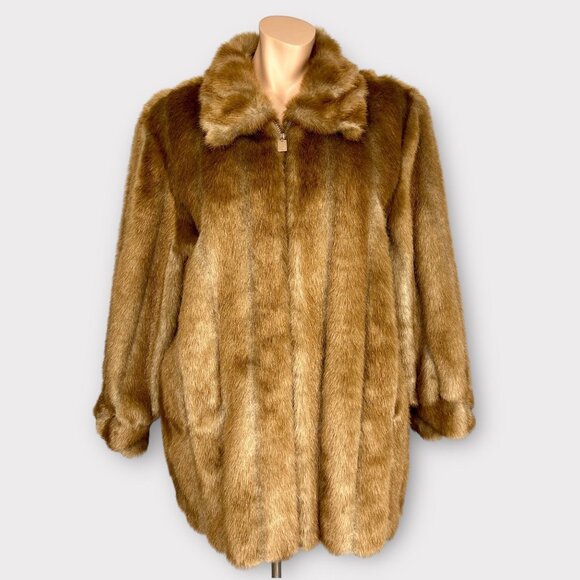 Dennis Basso Womens Plus Faux Fur Coat Tan Brown Mink Zip Front size 2X - Picture 1 of 14